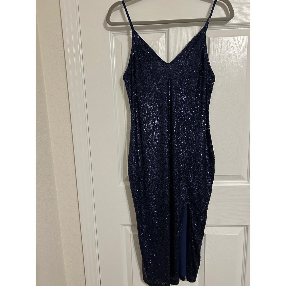 Navy Blue Sequin V-Neck Midi Dress Sleeveless Bodycon Side Slit Cocktail Evening